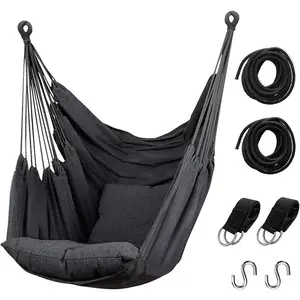 Kursi tempat tidur gantung tali ayunan, kursi gantung dengan saku, katun menenun untuk kenyamanan & daya tahan superior sempurna untuk luar ruangan