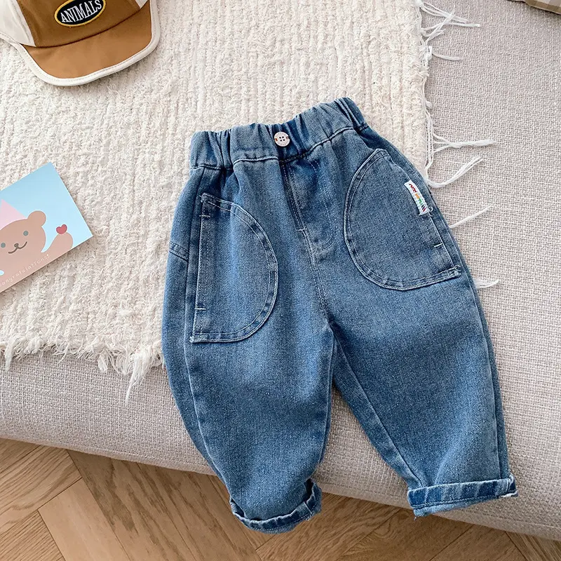 2023 Boys jeans spring children's cotton denim jeans children's solid color overalls baby of casual pants