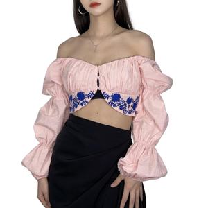 Top de Manga Larga con Hombro Descubierto, Bordado Floral, Rosa, de Alta Calidad, en Oferta, Elegante y Sexy para Mujer - Product Image 1