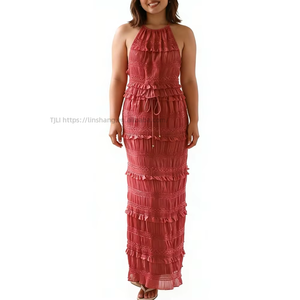 Women's Halter Neck 2 Piece Set - Tiered Ruffle Maxi Skirt & <b>Crop</b> <b>Top</b> With Shimmer Detail Fashion - Product Image 4