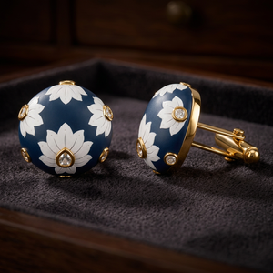 Boutons de manchette élégants faits à la main en laiton bleu marine à motif floral avec accents de cristal à fleurs blanches pour tenue formelle masculine - Cadeau d'anniversaire - Product Image 6