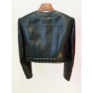 HIGH STREET nouvelle mode 2023 Designer Blazer femmes col rond corde à lacets garni <span class=keywords><strong>veste</strong></span> en <span class=keywords><strong>cuir</strong></span> artificiel - Product Image 3