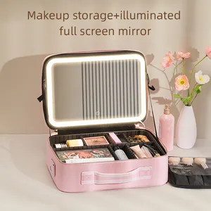 Neue Desktop-Kosmetik-Aufbewahrung sbox mit großer Kapazität Wasserdichtes Leder Tragbare Make-up-Zug tasche aus Leder mit LED-Lichts piegel