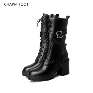 Bottes courtes à <span class=keywords><strong>talon</strong></span> épais pour femme, chaussures tendance à lacets et fermeture éclair sur le côté, style britannique, nouvelle collection automne et hiver, - Product Image 1