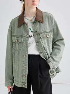 Veste verte en pur coton pour femmes OEM ODM, denim oversize décontracté vintage avec col en cuir marron <span class=keywords><strong>ciré</strong></span> style Y2K Backstreet - Product Image 2