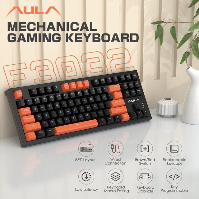 AULA F3032 Tri-Mode, 87 Keys Portable Mechanical Gaming Keyboard, USB Wired Compact Office Computer Keyboards with LED Backlit