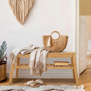 Simple Wooden <b>Shoe</b> Changing Bench Double Layer Natural Wood Color Entryway <b>Storage</b> <b>Rack</b> For Home Indoor Use - Product Image 3