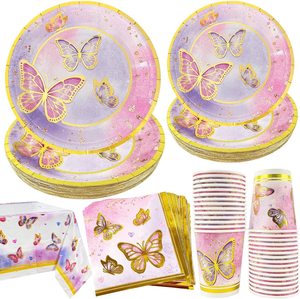 Artículos Desechables para Fiestas, Platos de Papel con Diseño de Mariposas, Vasos de Papel, Decoración para Fiestas de Cumpleaños de Niñas - Product Image 1