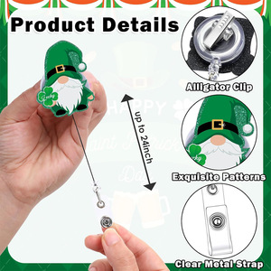 Cute Acrylic Dwarf Green Lucky Clover Nurse ID Card Holder with Retractable Alligator <b>Clip</b> Scroll - Product Image 3