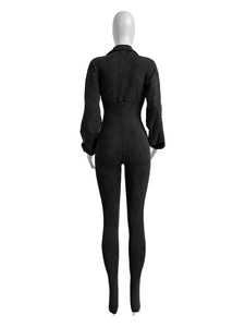 Jumpsuit Wanita Grosir Musim Semi Gugur, Pakaian Acid Wash, Deep V Ketat, Lengan Panjang, Ribbed, Satu Potong - Product Image 3