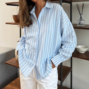 Camicia Casual da <span class=keywords><strong>Donna</strong></span> a Righe a Maniche Lunghe con Bottoni Frontali Vestibilità Ampia per Ufficio <span class=keywords><strong>Autunno</strong></span> <span class=keywords><strong>Inverno</strong></span> - Product Image 3