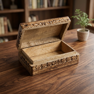 Boîte à bijoux en bois artisanale BS INTERNATIONAL avec design gravé, logo personnalisable, forme carrée - Emballage cadeau et artisanat - Product Image 1