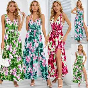 Wholesale OEM ODM 2024 New Bohemian Print Long Skirt Women's Sleeveless V-neck Beach Holiday Slit Dress