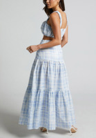 Deux pièces ensemble femmes vêtements été 2023 Logo personnalisé marque qualité bleu blanc Plaid vacances plage robes femmes