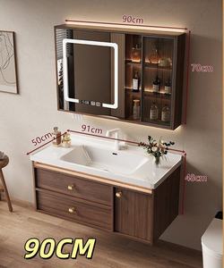 Nuevo mueble de baño de nogal estilo chino, de suelo a techo, con lavabo de cerámica y espejo inteligente integrado. - Product Image 1