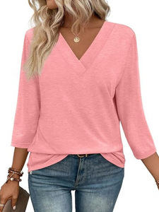 <span class=keywords><strong>Camiseta</strong></span> de punto de algodón transpirable con mangas de 7 puntos y cuello en V informal a la moda para <span class=keywords><strong>mujer</strong></span>, talla XL, patrón Simple para primavera - Product Image 5