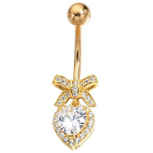 <strong>Peach</strong> <strong>Heart</strong> Bow Stainless Steel CZ Dangle Navel Piercing Barbell Belly Button <strong>Rings</strong> for Women