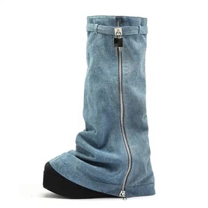 Denim Metallic Lock Shark Wedge Boots Cowgirls Zipper Thick Soles Half Knee High Booties Women <b>Round</b> <b>Toe</b> Zipper Flat Shoes - Product Image 1