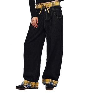 Jean à carreaux personnalisé pour homme, double ceinture, design patchwork, délavé, coupe droite ample et tendance, été - Product Image 3