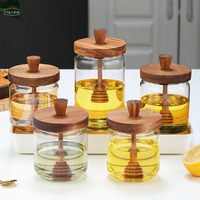 Dispensador de tarros de miel de vidrio con tapa de madera y cucharón, contenedor de miel de 17oz, olla para jarabe, mermelada, gelatina, almacenamiento de cocina para el hogar
