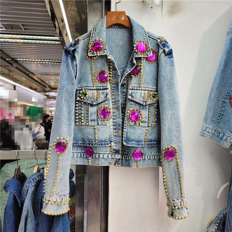 Bahar yeni Rhinestone boncuklu Denim ceket kadın zayıflama tüm eşleşen kısa Jean ceket bayan Streetwear Denim ceket