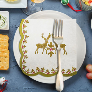 Serviettes jetables 3 plis à bord festonné motif rennes et baies de houx dorées pour fêtes de Noël et du <span class=keywords><strong>Nouvel</strong></span> <span class=keywords><strong>An</strong></span> – Serviettes de table personnalisées - Product Image 4