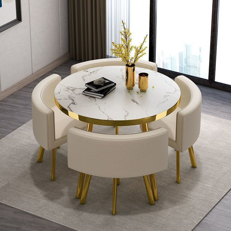 Stone-like pattern table+4 beige leather chairs