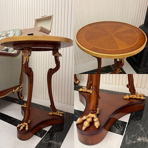 Mesa Auxiliar Neoclásica Regency con Incrustaciones de Madera Sunburst, Patas de Garra de Águila Doradas, Pedestal Trípode y Esquinas Redondeadas - Product Image 3