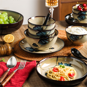 Nhật Bản Phong Cách Retro Gốm Gạo Súp Bát Salad <span class=keywords><strong>Set</strong></span> Sứ Đồ Đá Sâu Tấm Bộ Trung Quốc Bộ Đồ Ăn <span class=keywords><strong>Set</strong></span> Với Hoa - Product Image 2