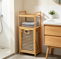 Étagère de rangement pour salle de bain en bambou naturel avec panier à linge en tissu amovible, organisateur à plusieurs niveaux