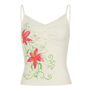 Camisola con estampado floral y ribete de encaje para mujer, camiseta sin mangas de punto, chaleco informal de moda de verano - Product Image 6