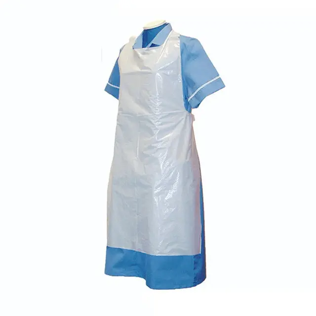 Delantal desechable de polietileno, no estéril, impermeable, de plástico blanco y azul, para uso médico, para el hospital