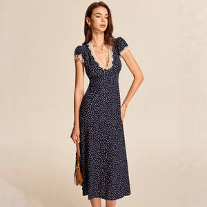 Vestido Largo Elegante para Mujer, Cuello en V, Cintura Alta, con Encaje y Puntos de Polka, Estilo Distinguido - Product Image 2