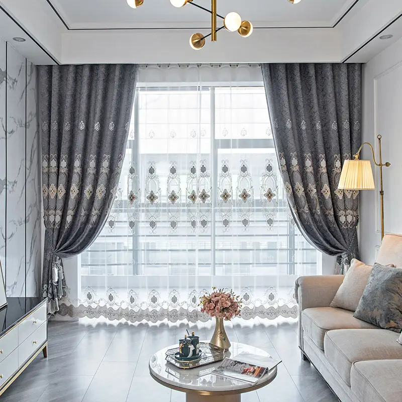 Lospring usine luxe Style américain hôtel fenêtre panneaux insonorisés Double couche dentelle brodé rideaux pour le salon