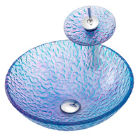Boweiya Meilleure Vente Élégante Vasque de Salle de Bain Bleue et Blanche en Verre Trempé Transparent Minimaliste à Poser sur Comptoir