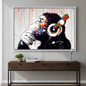 Banksy Thinking Monkey Canvas Print: Street Art Monkey Artwork,WHITE <b>FRAMED</b> CANVAS - Product Image 3