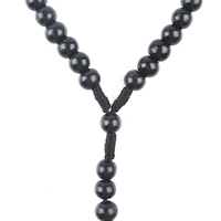 Collier chapelet catholique économique en corde noire nouée avec perles en bois marron et crucifix de Jésus, idéal pour un cadeau