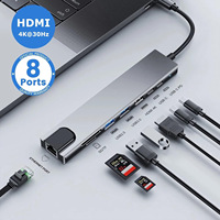 Adaptador USB C 8 en 1 con Doble Conector, Hub de Aluminio, RJ45, 4K 30Hz, 100W PD, USB 3.0, 2.0, Lector de Tarjetas SD y TF para MacBook y Laptops con Windows