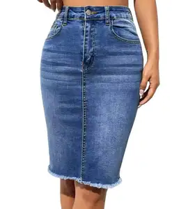 Plus jupe classique décontractée en une étape en denim jupe en denim extensible bureau formel bleu jupes en jean en laine