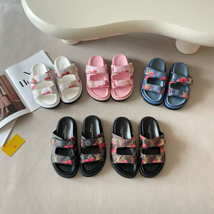 Cherry Print Double Strap Platform Slides Adjustable <b>Magic</b> Tape Thick Sole Women Summer Outdoor Sandals - Product Image 1