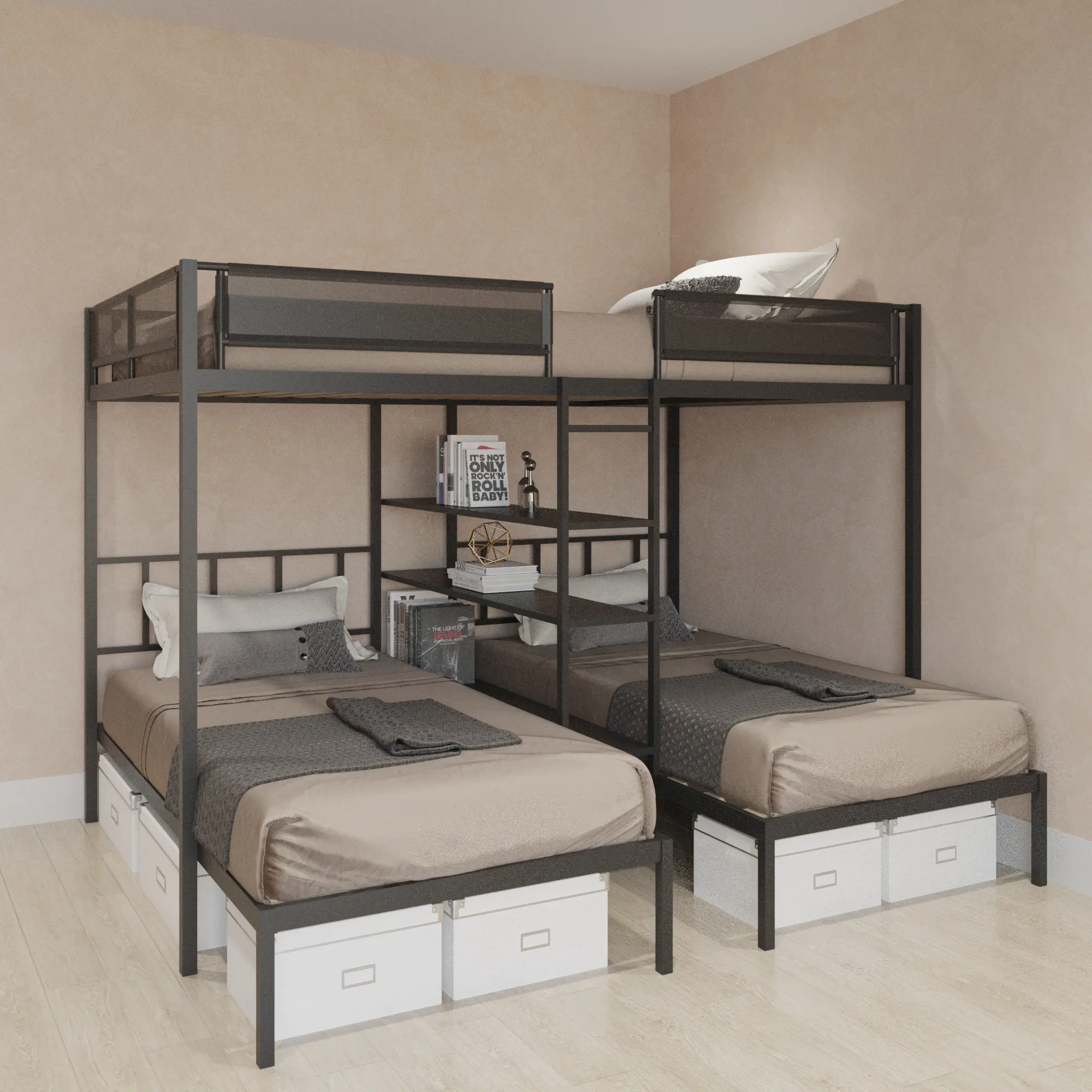 Metal Bunk Bed Bedroom Furniture Bedroom Sets Modern Steel Furniture Double Metal School Adult for Three Black Metal Frame