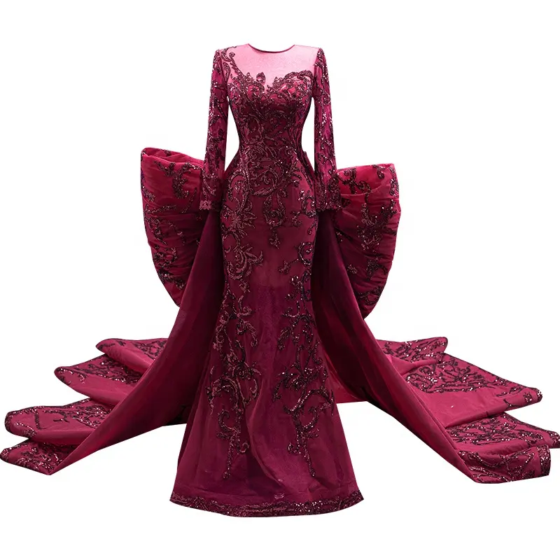 Detachable Overskirt Mermaid Long Sleeves Lace With Beading Luxury Red Women Evening Dress
