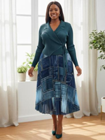Robe midi plissée à manches longues et devant croisé pour femme, dernière tendance, 100 % polyester, imprimé patchwork denim, élégante pour le bureau ou les soirées