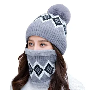 Latest 2021 new fashion lady knitted scarf and hat set women winter beanie scarves sets with fur pom