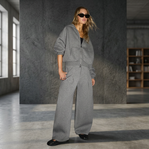 Sweat-shirt à capuche oversize pour femme, gris chiné, avec fermeture éclair et épaules tombantes - Product Image 1