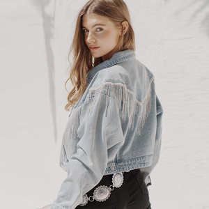 New Arrival Women's Fitted Cowgirl Rhinestone Fringe Denim <strong>Jacket</strong> with <strong>Chains</strong> Hot Sale Short Woven Breathable <strong>Jacket</strong> - Product Image 2