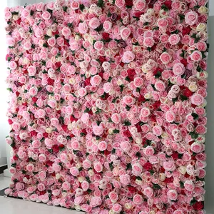 F239 Floral 3d Roll Up Artificial Silk Rose FlowerWall Backdrop Panel Pink Fake Flower Wall For Wedding Home Salon Decor