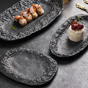 Toptan kabartmalı tasarım mat siyah tatlı çanak setleri sofra restoran için seramik porselen tabak