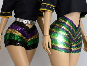 Shorts à paillettes pour le Mardi Gras, prêts à être expédiés, pour adultes, rayés, violet, or, <span class=keywords><strong>vert</strong></span>, fête, brillants, scintillants - Product Image 2