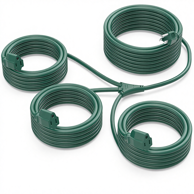 15FT Outdoor Green Extension Cord 3 Outlets Light Duty 16/3 SJTW Cable Grounded Plugs 13AMP 1625W 125V 16AWG ETL Listed